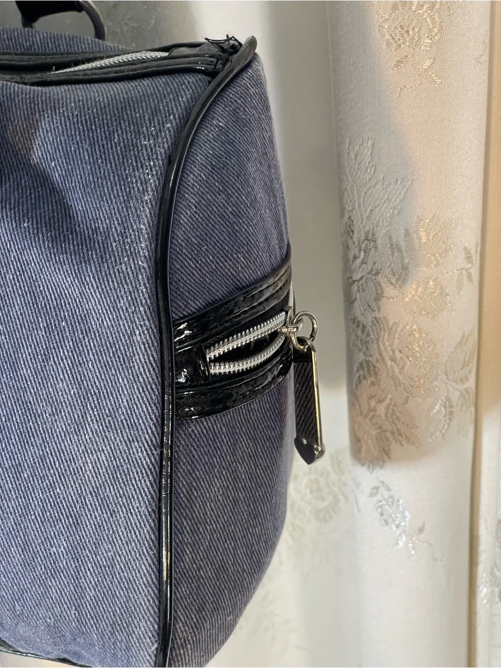 BetseyJohnson Studded Denim Barrel Bag with Patent Trim